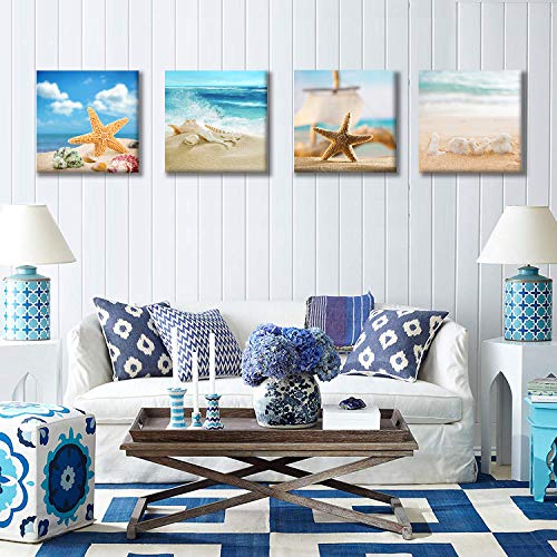 Yatehui – Coastal Wall Art 4 Panel Seascape Giclee Canvas Prints Seashell Starfish On Beach Landscape Pictures Paintings For Bathroom Kitchen Decoration - Ready To Hang 12X12 Inches #TOP2