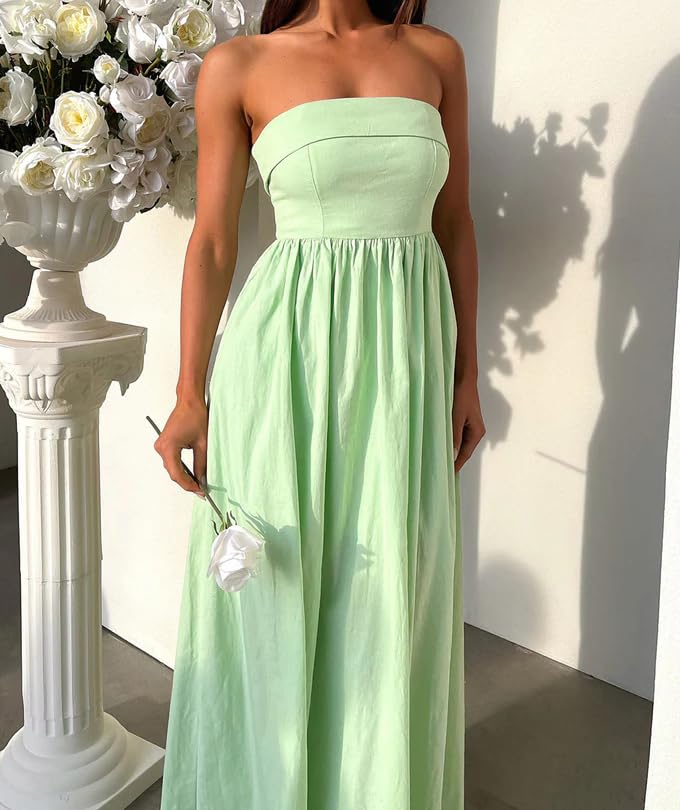 Image of Women Summer Strapless Maxi Tube Dress 2024 Trendy Solid Pleated Flowy Dress Wedding Guest Maxi Dresses Party Club