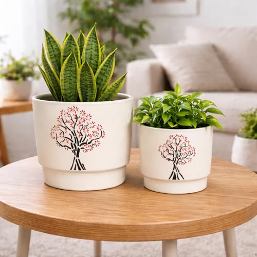 Image of Niyara White Ceramic Planter Pot with Tree Design | Decorative Indoor & Outdoor Flower Pot (Set of 2)