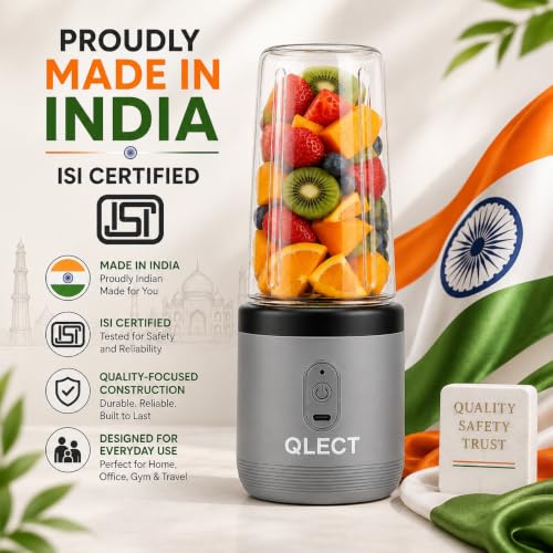 Image of QLECT Portable Blender for Smoothies & Juices | 400ml Personal Juicer Mixer Grinder | 1500mAh USB Rechargeable Battery | 2 Jars | Stainless Steel Blades | ISI Certified | Made in India