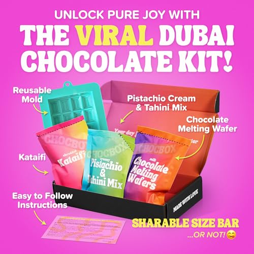 Chocbox Viral Dubai Milk Chocolate Bar Kit - Includes Chocolate Mold, Choc Wafers, Shredded Kataifi, Pistachio Cream - DIY Gift Box Dubai Kit - Great Gift
