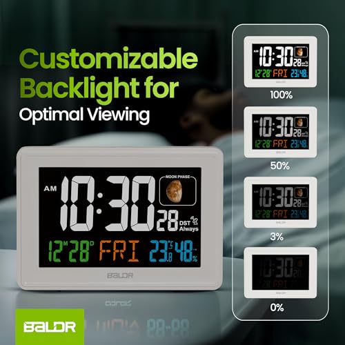 Baldr Atomic Clocks For Bedrooms Digital Large Display - White - Desk Clock With Temperature Indoor And Humidity, Night Stand Clock, Moon Phase Clock, Alarm Clocks For Living Room thumb #4