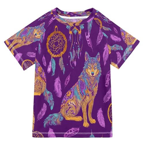 Boys Short Sleeve T-Shirts Dream Catcher Wolf Ethnic Rashguard Kids Swim Shirts Sun UPF 50+