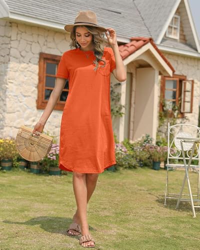 Image of Dyexces Summer Dress for Women Crew Neck Short Sleeve Solid Basic T-Shirts Casual Midi Dresses with Pocket