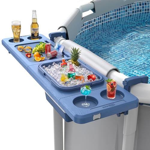 Poolside Bar with Ice Bucket Poolside Bar Table with Adjustable Support Bracket Fits Above-ground Pools Swim Up Bars Up to 110lbs Patio Poolside Table Smart Fold Weather Resistant Stable Tabletop