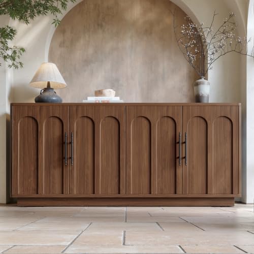 Evermagin 67 Arched Walnut Buffet Cabinet with Storage Large Credenza with 4 Doors Wood Mid Century Modern Sideboard for Kitchen and Living Room (67*31.5*15.7)