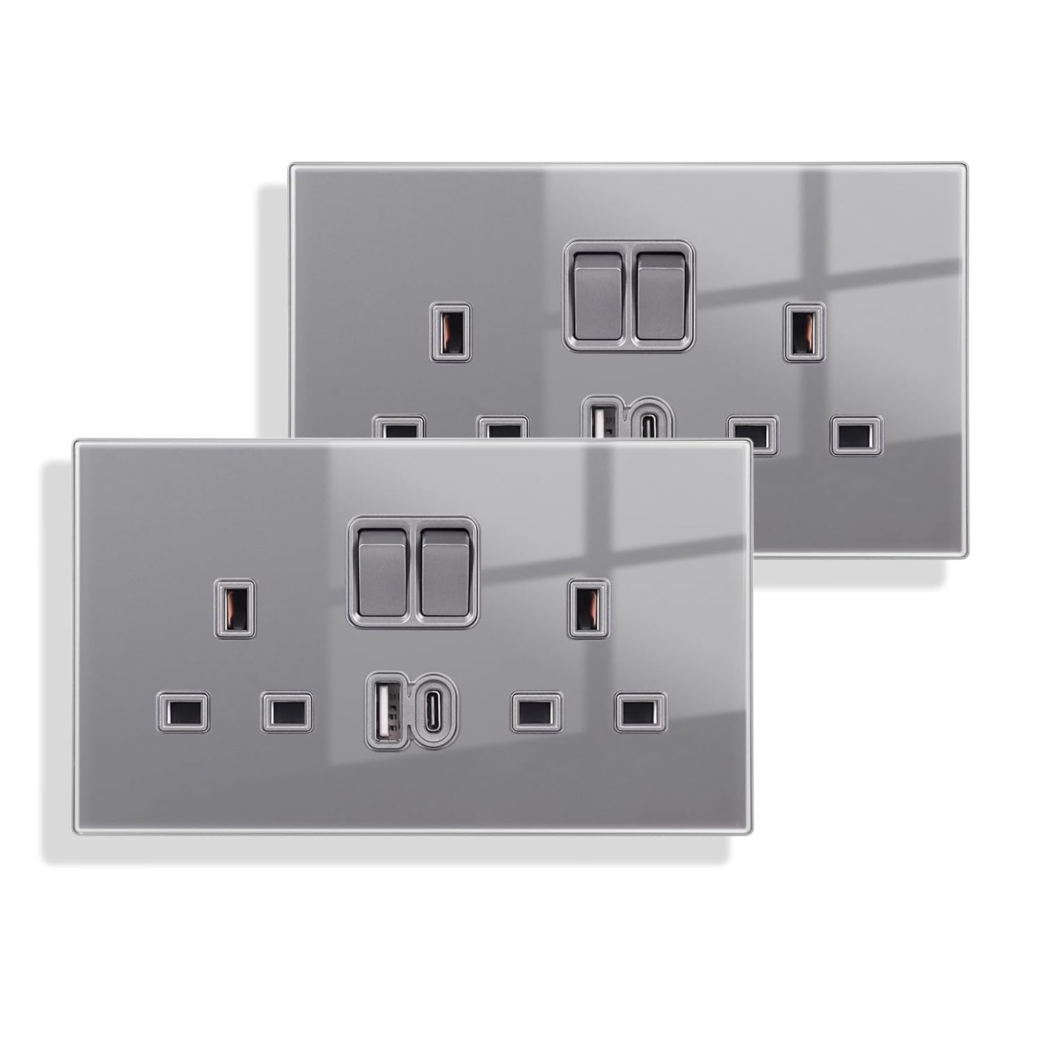 13A Double USB Socket UK, Glass Panel with USB-A & USB-C 3.1A