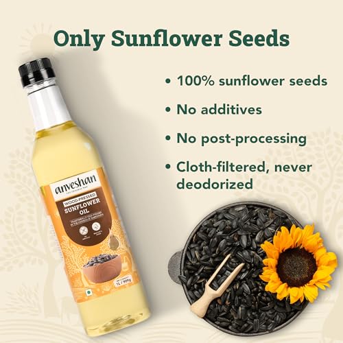 Image of Anveshan Wood Pressed Sunflower Oil 1L | Plastic Bottle | Kolhu /Chekku | Extracted on Wooden Churner | Natural | Chemical-Free | Cold Pressed Sunflower Oil for Cooking (Pack of 2)