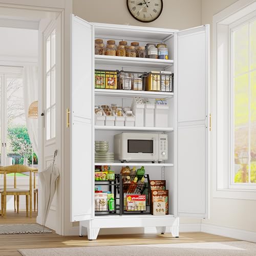 GAIOUS 71' Tall Metal Storage Cabinet with 2 Doors and 4 Adjustable Shelves, Kitchen Pantry Cabinet White Freestanding Cupboard, 5 Tier Multifunctional Steel Storage for Office, Kitchen, Dining Room