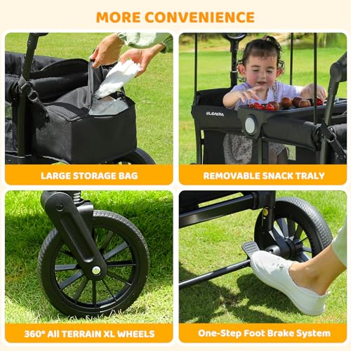 Image of ELEMARA Stroller Wagon, 2 Seat Stroller for 2 Kids, Premium All Terrain Stroller for Kids w /Removable Canopy, Adjustable Push /Pull Handle, Large Storage Bag, Black