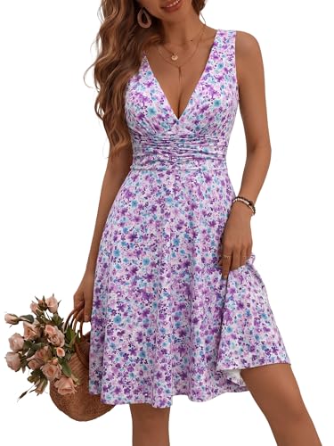 Image of OURIN Women's Spring Deep V Neck Sleeveless Floral Sundresses with Pockets Flowy Summer Dresses for Women