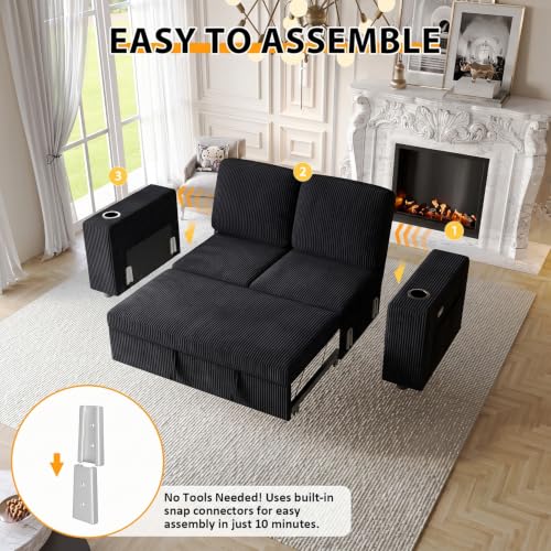 Image of 63 Inch Sleeper Sofa Bed, 3 in 1 Pull Out Couch Bed with Reclining Backrest, Small Loveseat with Wide Armrest | USB Charging | Side Pockets | Cup Holders | Tool Free Assembly, Corduroy Black