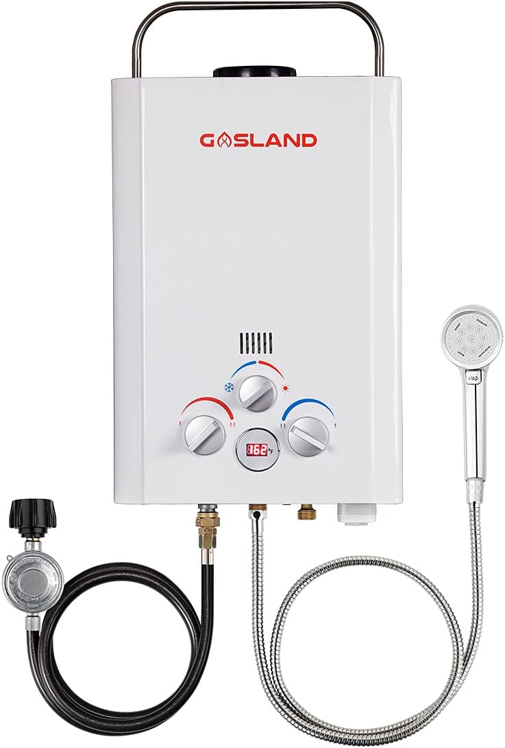 GASLAND Tankless Water Heater, BE158 1.58GPM 6L Outdoor Portable Gas Water Heater, Instant Propane Water Heater, Overheating Protection, Easy to Install, Use for RV Cabin Barn Camping Boat, White