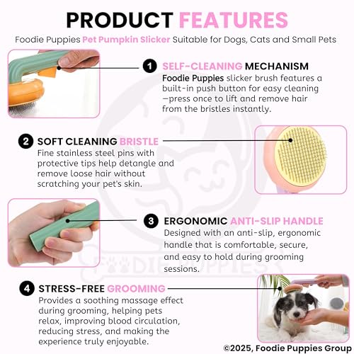 Image of Foodie Puppies Grooming & Cleaning Thin Slicker Brush for Dogs & Cats - (Pumpkin Head Slicker) | Self Clean Brush for Shedding | Gently Removes Loose Undercoat, Mats and Tangled (Color May Vary)