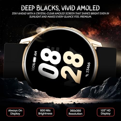 Image of PunnkFunnk Active 2 Smartwatch, 1.39 inch HD Round Display, Bluetooth Calling, Heart Rate & SPO₂, 100+ Sports Modes, IP67, Long Battery Life for Men & Women (Magnetic Black Gold Dial)