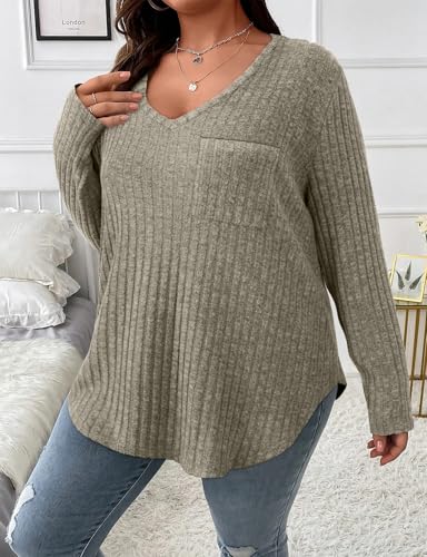 Image of Koscacy Women Plus Size Casual Knit Sweater with Pocket V Neck Solid Color Tops Lightweight Long Sleeve Blouses