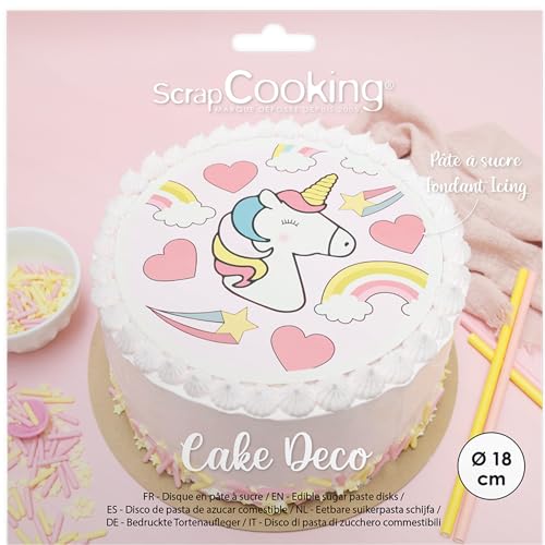 ScrapCooking 7330 - Disco de pasta de azúcar, unicornio, diámetro de 18 cm, decoración para tartas comestibles, estampado de corazón, arco iris, estrellas – Decoración alimentaria – Cumpleaños, fiesta