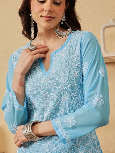 Image of Ada Women's Georgette Regular Fit Chikankari Hand Embroidered Lucknow Short Kurti Top A911224