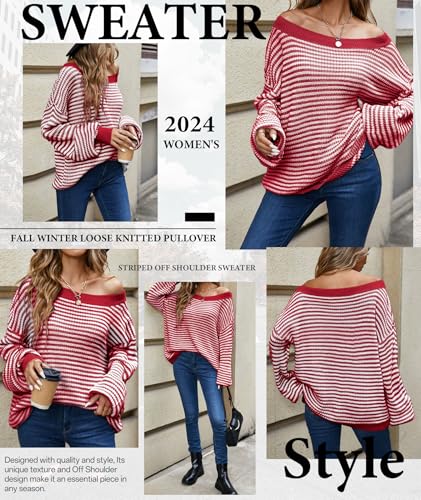 Image of MARZXIN Women's 2026 Fall Long Sleeve Sweaters Casual Loose Striped Off Shoulder Casual Oversized Knitted Sweater Pullovers