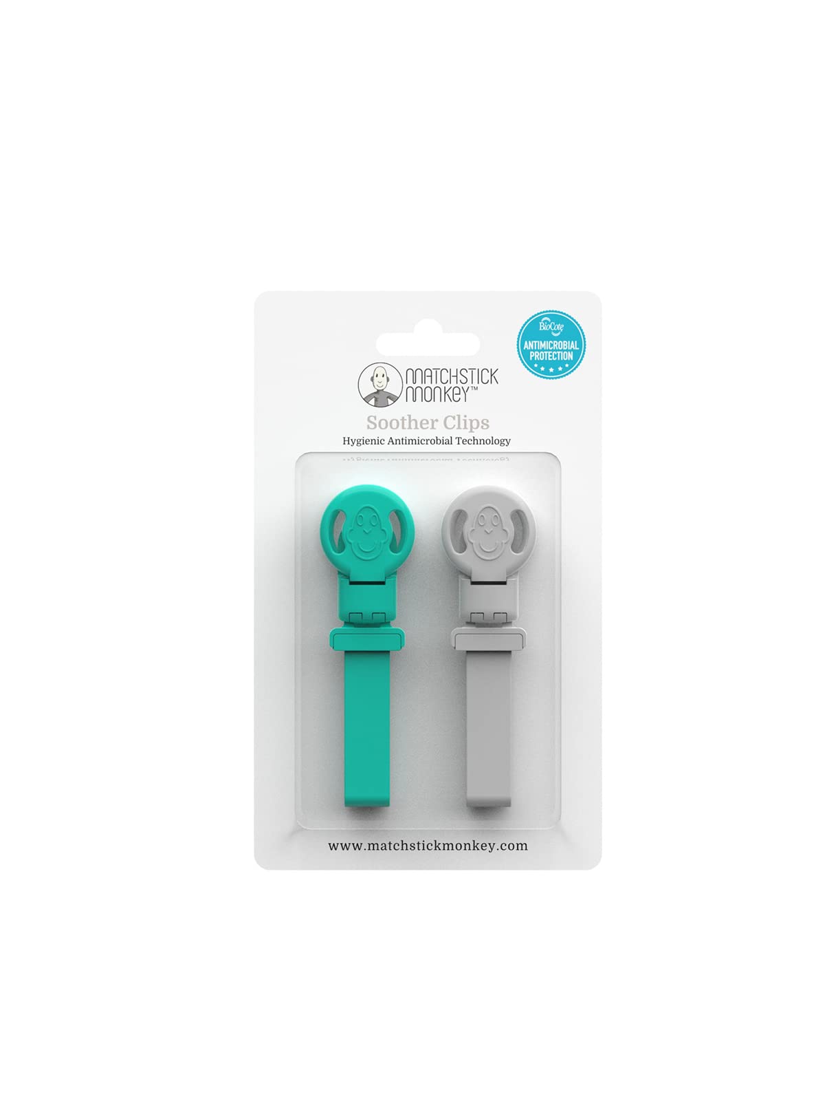 Matchstick MonkeyAntimicrobial Silicone Dummy Soother/Teether Clips, BPA Free, 3 Months Old+, 19 cm, Pack of 2, Green and Grey (Teether not included)