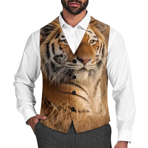Tiger Men's Suit Vest Slim Fit Business Dress Party Pattern Waistcoat Vest Top