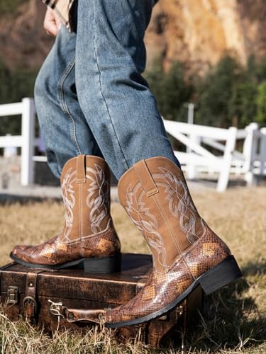 Image of Python Manning Men's Boots Cowboy for Men Classic Pointed Toe Western Pull Up Snakeskin Embroidered Mid-Calf Boots