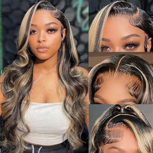13x6 Highlight Ombre Balayage Lace Front Wigs Human Hair 1b/27 Black and Blonde Lace Frontal Body Wave Wig Pre Plucked with Baby Hair for Black Women HD Transparent 180% Density Wig 18 Inch