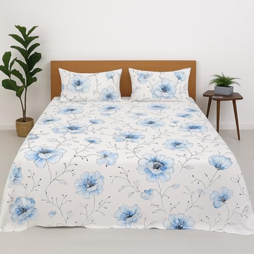 Image of King Size Bedsheet 108x108 Inches - Blue Blossom Design | Soft Microfiber, Breathable & Wrinkle-Free | Includes 2 Matching Pillow Covers