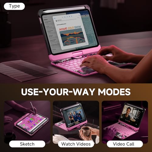 Image of Transparent Case with Keyboard for iPad mini 7 A17 Pro(2024) & Mini 6 (2021) 8.3 inch,7-Color Backlit,Wireless Keyboard, 360Rotating,with trackpad,Pencil Holder,with Shortcuts,Pink