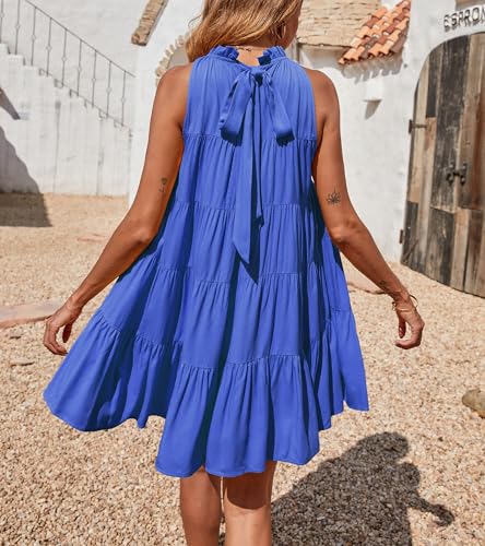 Okiwam Womens Summer Halter Dresses Sleeveless A Line Tiered Swing Mini 2025 Fall Casual Boho Beach Vacation Sundress