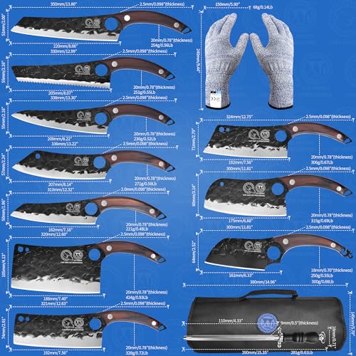 XYJ Professional Kitchen Knife Set with High-Carbon Steel Forged Blades, Chef's Knife, Cleaver, Carving Knife, Nakiri, Full Tang Design, Includes Carrying Bag & Poultry Scissors - Image 4