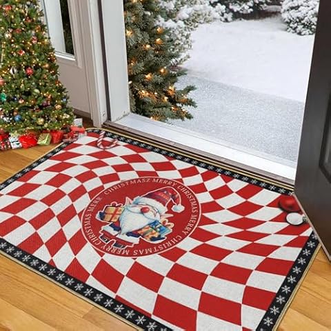 Falflor Christmas Doormat 20"x32", Non-Slip Christmas Welcome Mat Washable Christmas Mats for Front Door, Buffalo Plaid Entrance Christmas Door Mat Winter Low Pile Floor Carpet for Xmas Decor Cover