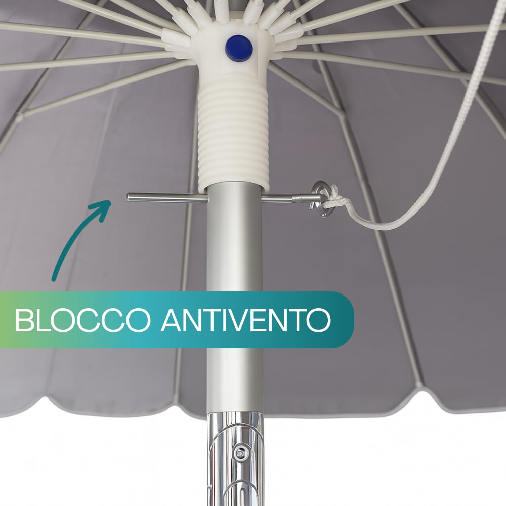 VIRSUS Ombrellone da Spiaggia con Cupola Antivento, Diametro 240 cm, 16 Stecche in Fibra Vetro, Tessuto Poliestere 440gr, Asta Alluminio da 32 mm e Snodo, Ombrello Mare con Sacca Tracolla