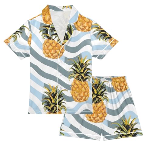 ALAZA Pineapple Fruit Striped Pajamas Satin Pajama Set Short Sleeve Button Down Sleepwear