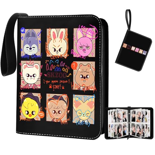 Stray Kids Fotokarten 400 Taschen Kpop-Sammelalbum mit 4 Fächern insgesamt 50 Seiten Süßer Cartoon-Fotokartenordner Idol-Cartoon-Fotoschutzalbum Geschenke für Jungen und Mädchen (Schwarz)