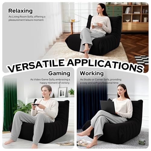 Image of HABUTWAY Bean Bag Chairs Fireside Lazy Floor Sofa,Single,Black | Soft Teddy Fleece Bean Bag Sofa with High-Resilience Foam Filling,Beanbag for Living Room, Bedroom, Office