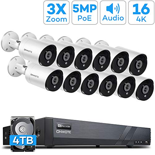 ã€Expandable Audioã€‘ ONWOTE 16 Channel 4K H.265 NVR (12) 3X Optical Zoom Autofocus Audio PoE Security Camera System 4TB HDD, 2.8-8mm Motorized Lens Outdoor 5MP IP PoE Ethernet Security Camera, 130ft IR
