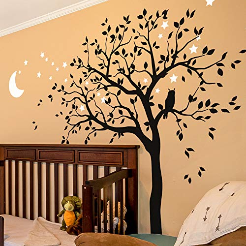 Grand arbre autocollant mural avec hibou, lune et étoiles Décoration murale chambre d'enfant 088...