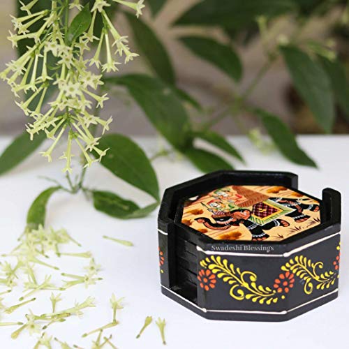 Image of Swadeshi Blessings Wooden Octagonal Coffee /Tea Coasters Set- Handcrafted & Hand-Painted for Kitchen /Table & Home Decor /Dinning /Gifts /Restaurants /Living Room /Coffee Table (Set of 6) (Black)