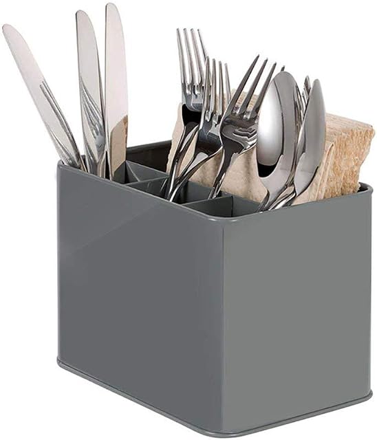 Cutlery Utensil Holder Caddy, Compact Flatware Silverware Organizer Drainer, Grey Galvanized Tableware Holder for Forks Knives and Spoons