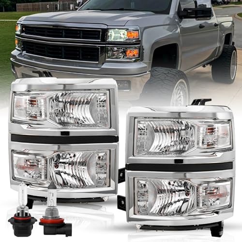 Image of TUSDAR Upgraded Lens Headlights Assembly Fit for 2014 2015 Chevy Silverado 1500 Pickup Truck OE Style Halogen Headlamps Replacement Chrome Housing Clear Reflector /Driver & Passenger Side w /Bulbs