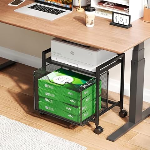 JKsmart Under Desk Storage, Printer Stand with Drawer, Rolling File Cabinet with Adjustable Table Top, 2 Tier Industrial Shelf on Fixed Feet Wheels, Sofa Side Table Organizer for Home, Office, Black Cover