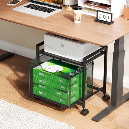 JKsmart Under Desk Storage, Printer Stand with Drawer, Rolling File Cabinet with Adjustable Table Top, 2 Tier Industrial Shelf on Fixed Feet Wheels, Sofa Side Table Organizer for Home, Office, Black by JKsmart - Used condition - US$47.99