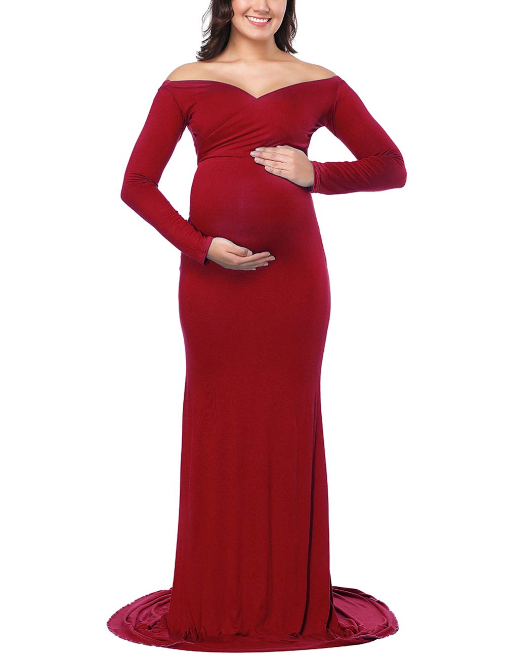 OQC Women's Elegant Fitted Maternity Gown Cross V Neck Ruched Long Sleeve Maxi Photography Dress