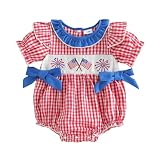Adobabirl Baby Girl 4th of July Outfit Flag Firework Bubble Romper Short Sleeve Plaid Bodysuit Fourth of July Outfit (Flag Firework-Red, 0-3 Months)