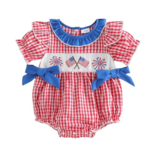 Adobabirl Baby Girl 4th of July Outfit Flag Firework Bubble Romper Short Sleeve Plaid Bodysuit Fourth of July Outfit (Flag Firework-Red, 0-3 Months)