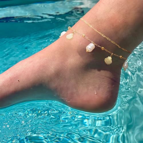 Image of Dainty Gold Shell Pearl Charm Ankle Bracelet for Women Trendy non-Tarnish Adjustable Anklet Summer Beach Fashion Jewelry Gift