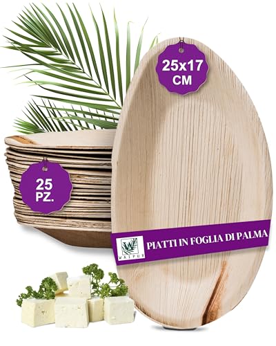 Waipur Piatti in Foglia di Palma Ecologici - 25 Pz Ovali 25 cm - Stoviglie usa e getta Biodegradabili Eleganti - Leggeri e Resistenti - Naturali e Compostabili - Simile al Bamboo e al Legno