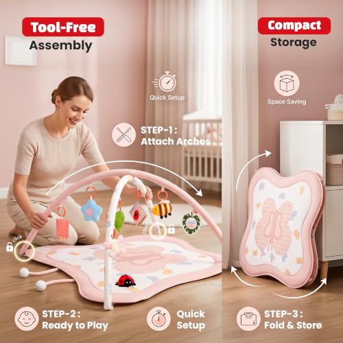 Image of Baybee 2 in 1 Premium Baby Play Gym & Activity Mat for Babies with Extra | Soft Cushion | Portable Playing mat for Kids with Sensory Toys | BPA Free Play Mat for New Born Baby up to 36 Months (Pink)