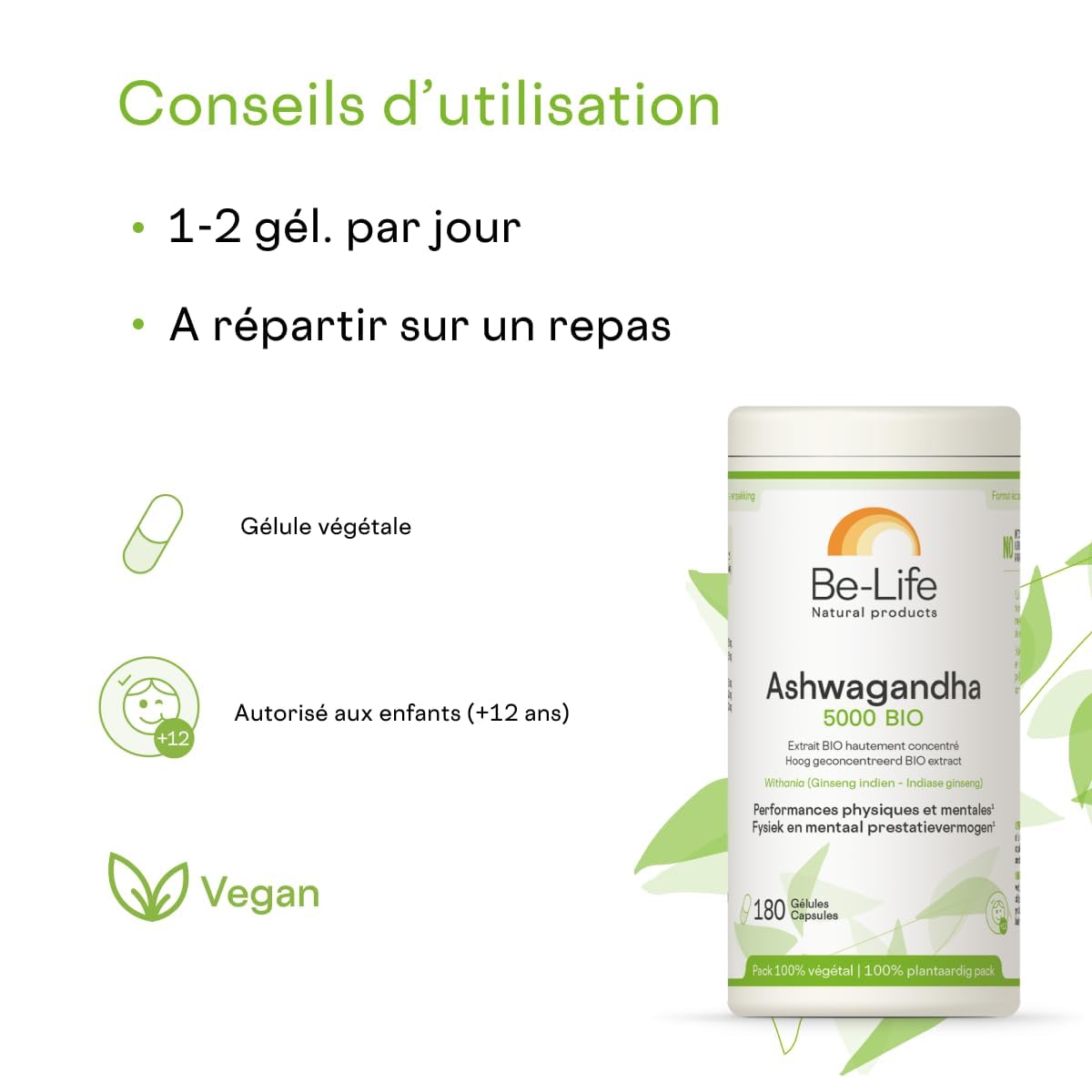 BE-LIFE | Ashwagandha 5000 bio | Complément alimentaire certifié bio | Résistance au stress, favorise la détente, fortifie l’organisme | 180 gélules
